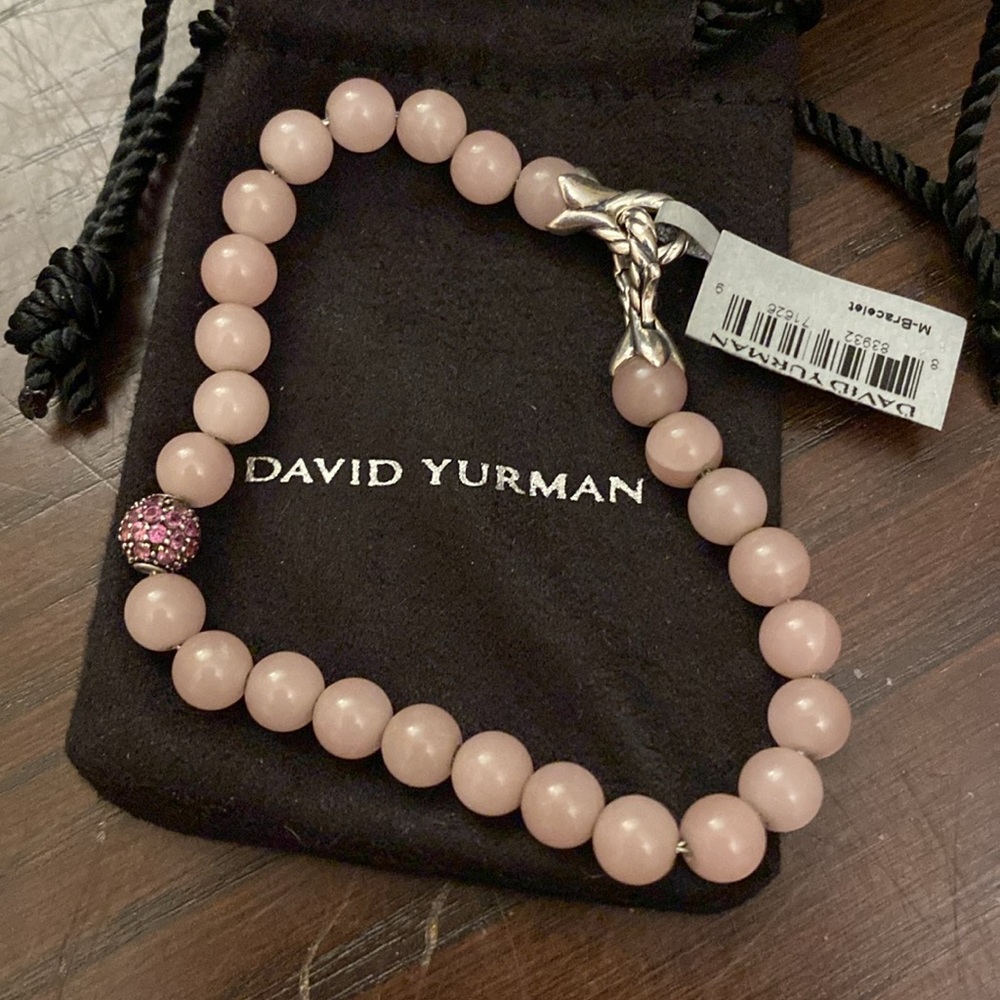 DAVID YURMAN ST. SILVER 6mm GUAVA QUARTZ & GARNET BEADS SPIRITUAL BRACELET 9B